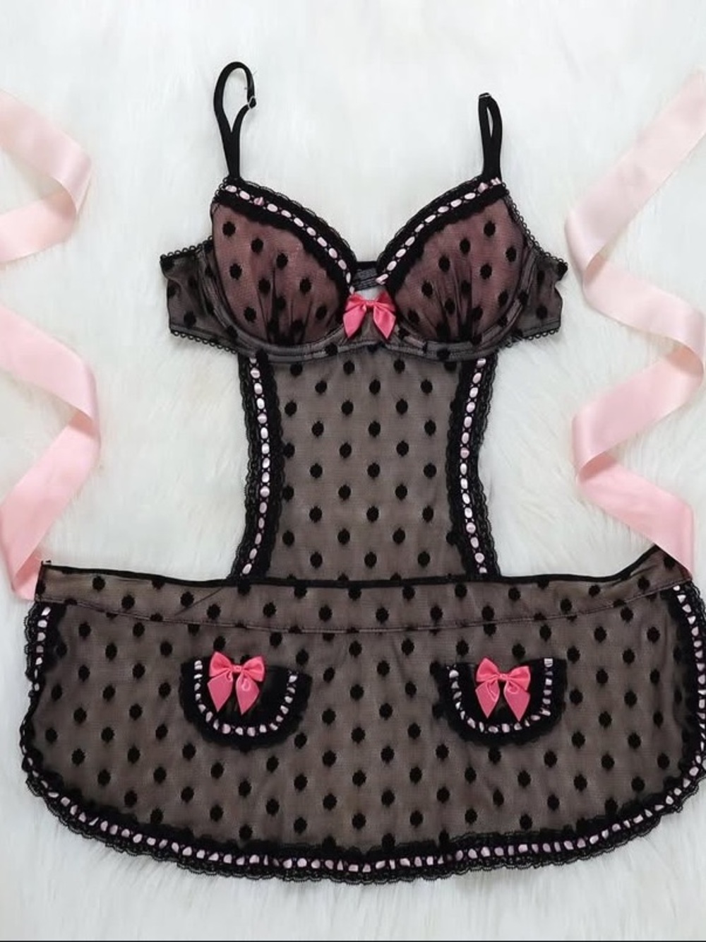 2-piece Victoria’s Secret Sheer Black Polka Dot French Maid Outfit with Panty!